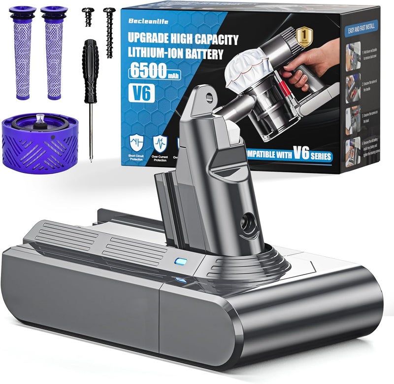 Becleanlife 6500mAh V6 Battery Replacement Compatible with Dyson V6 Animal/Absolute/Motorhead/Fluffy SV03 SV04 SV05 SV06 SV07 SV09 DC58 DC59 DC61 DC62 DC72 DC74 Vacuum Cleaner - Image 1